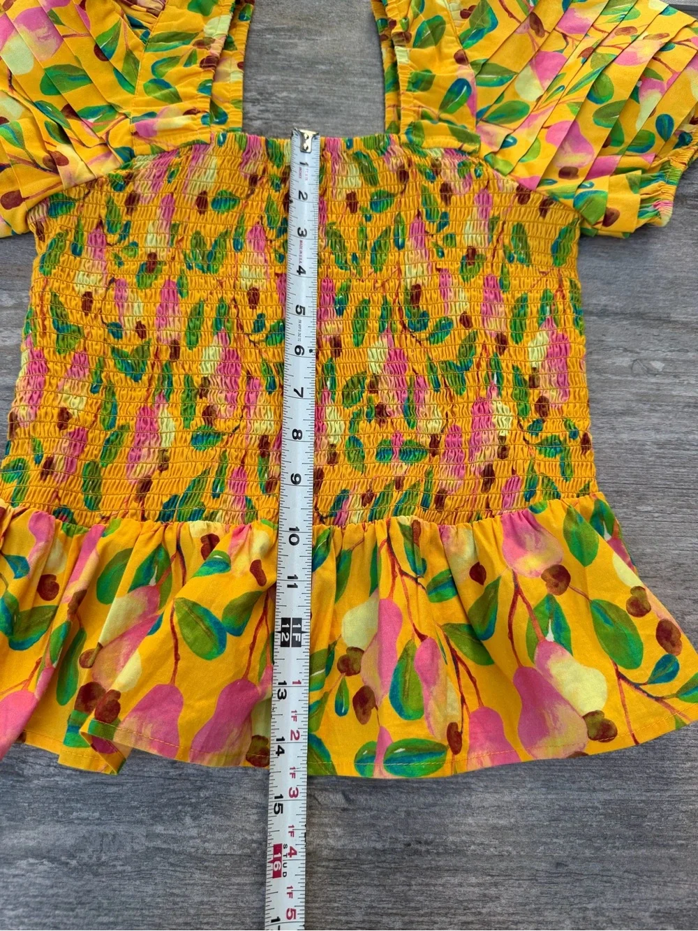 Farm Rio Mini Cashew Yellow Smocked Peplum Top with Puff Sleeves size S
